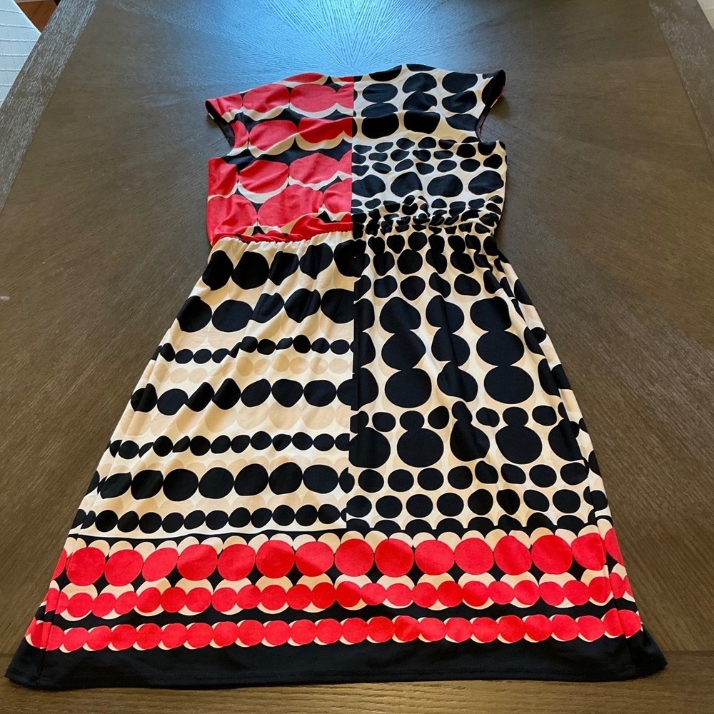 New York & Company Red Black Polka Dot Faux Wrap Dress Medium Sleeveless V-Neck - Picture 9 of 9